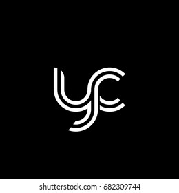 Initial lowercase letter yc, linked outline rounded logo, white color on black background