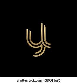 Initial lowercase letter yl, linked outline rounded logo, elegant golden color on black background