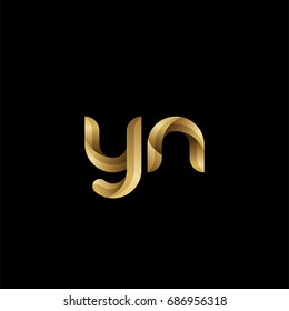 Initial lowercase letter yn, curve rounded logo, gradient glossy gold color on black background