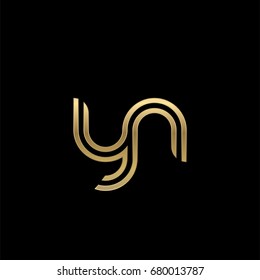 Initial lowercase letter yn, linked outline rounded logo, elegant golden color on black background