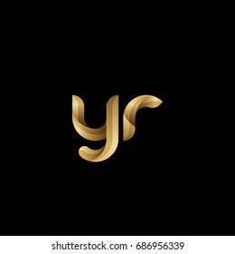 Initial lowercase letter yr, curve rounded logo, gradient glossy gold color on black background