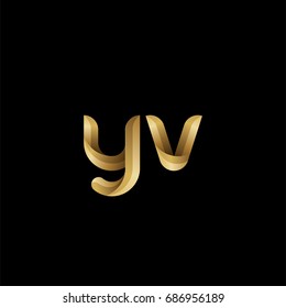 Initial lowercase letter yv, curve rounded logo, gradient glossy gold color on black background