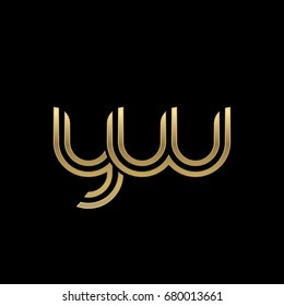 Initial lowercase letter yw, linked outline rounded logo, elegant golden color on black background