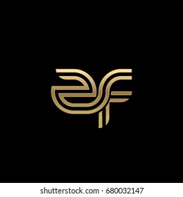 Initial lowercase letter zf, linked outline rounded logo, elegant golden color on black background
