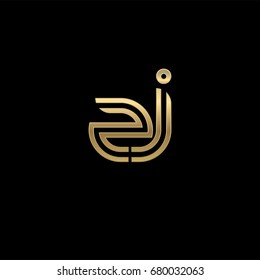 Initial lowercase letter zj, linked outline rounded logo, elegant golden color on black background