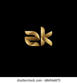 Initial lowercase letter zk, curve rounded logo, gradient glossy gold color on black background