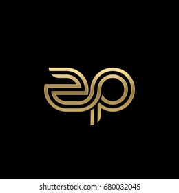 Initial lowercase letter zp, linked outline rounded logo, elegant golden color on black background