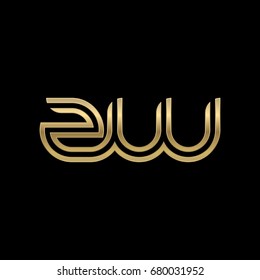 Initial lowercase letter zw, linked outline rounded logo, elegant golden color on black background