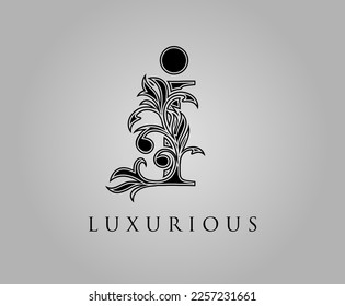 Initial I Luxury Logo Icon. Classic Floral I Letter Logo Design Vector.	