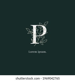 initial luxury P letter monogram logo with leaf and flower vector.