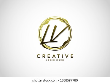 Initial LV Handwriting Stylish Signature, Circle Abstract Gold, Template Logo Vector.