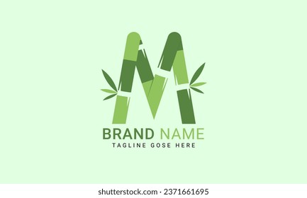 Alfabeto M inicial con hoja de bambú. concepto de logotipo ecológico. Símbolo del alfabeto de la letra M para identidad empresarial y de empresa