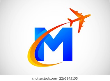 Initial M alphabet with a swoosh and airplane logo design. Suitable for travel companies or business