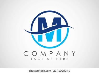 Initial M alphabet with swoosh or ocean wave logo design. Graphic alphabet symbol for corporate business identity