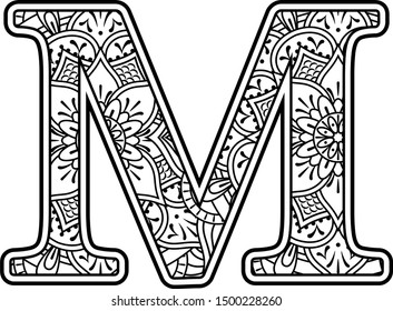 initial m in black and white with doodle ornaments and design elements from mandala art style for coloring. Isolated on white background