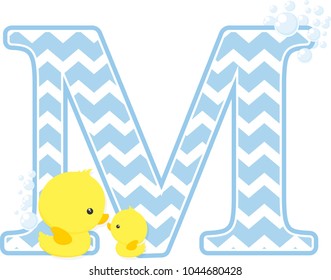 initial m with bubbles and little baby rubber duck isolated on white background. can be used for baby boy birth announcements, nursery decoration, party theme or birthday invitation