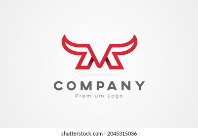 Initial M Bull horn Logo, modern and minimalist letter M  and horn combination, Flat design logo inspiration, vector illustration
