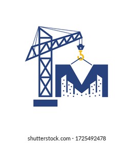 Initial M Crane Building Real Estate Construction Logo Design Vector Graphic. 