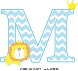 initial m with cute little lion king with golden crown isolated on white background. can be used for father's day card, baby boy birth announcements, nursery decoration, party theme or invitation