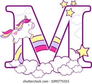initial m with cute unicorn and rainbow. can be used for baby birth announcements, nursery decoration, party theme or birthday invitation. Design for baby and children