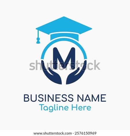Initial M Education Logo with Graduation Logo. School Education Care and Hand Logo Concept. Student Help Logo Design Vector