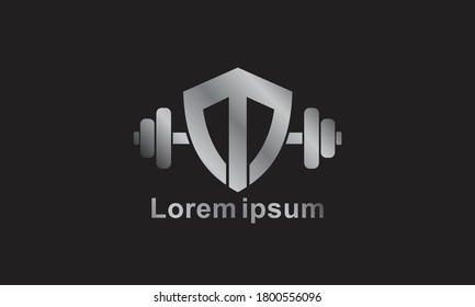 M inicial formando un escudo con una plantilla de logotipo berbell ilustraciones vectoriales eps 10, para deporte, seguridad o fitness.