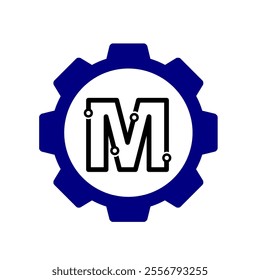 Initial M Gear mechanic technology vector logo template. Letter M modern logo clip art suitable for mechanic bussiness. black blue gear symbol