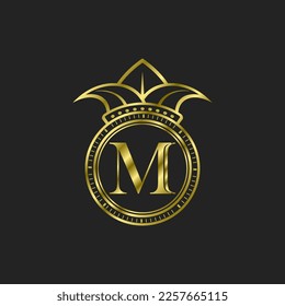initial m gold logo luxury elegant with crown