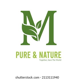 Initial M Green Letter and Leaf for Modern Beauty Nature Cosmetic, Vegan, Environmental, Nutrition Consultant Service Company Logo Idea