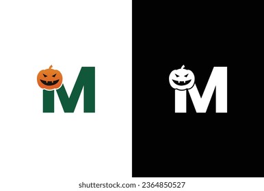 Initial M Halloween logo. Halloween letter M logo or icon template design. Halloween pumpkin white background