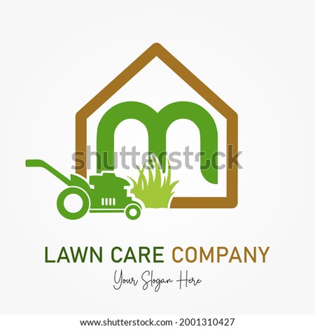 Initial M Latter with Mower Machine for Lawn Care Service Company Logo. Landscaping Lawnmower Home Maintenance  Business Branding Stok fotoğraf © 