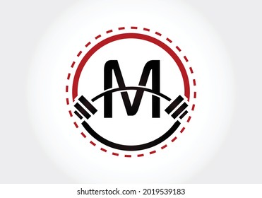 Initial M Letter alphabet with a barbell. Lifting vector logo design. Modern vector logo for bodybuilding, gym, fitness, and company identity
