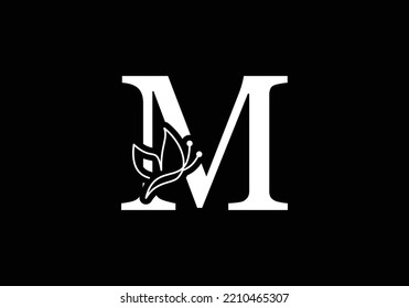 Alfabeto de letra M inicial con logotipo de mariposa. Plantilla de concepto de signo de mariposa en blanco y negro