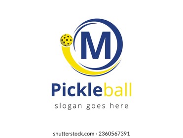 Initial M Letter alphabet with Pickleball Logo Concept With Moving Pickleball Symbol