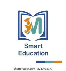Letra inicial M con carácter de símbolo de libro y alumno para escuela, educación, centro de formación plantilla de logotipo empresarial vector
