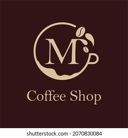 Initial M letter with Coffee Cup, Coffee Bean, Liquid for Coffee Shop, Restaurant, Cafe, Beverage Business Simple and modern Logo Template Idea