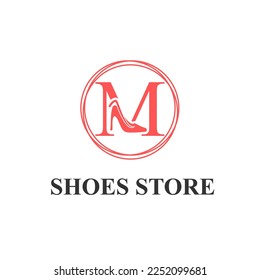 Letra inicial M con zapatos altos para mujeres tienda de zapatos para damas, plantilla de ideas con logotipo de empresa de moda de zapatos