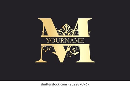 Initial M letter floral Split Letter Monogram,luxury Wedding invitation Monogram Design,gold color on black background