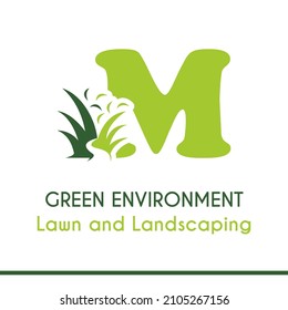 Initial M Letter with Green Grass for Lawn Landscaping Environment Garden Vegetation Home Care Management Service Business Logo Vector Idea