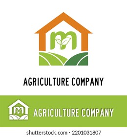 Letra inicial m con tierra, hojas e ícono de la casa para la Agricultura Agropecuaria idea del logo de la compañía