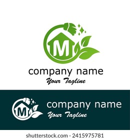 Initial M Letter with leaves and broom for  home maintenance, home care, or cleaning service modern logo idea