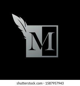Initial  M Letter Logo icon Square  Feather. Vintage design concept  geometric square  feather element and outline letter logo icon for corporate, lawyer, notary, firm and more brand identity.