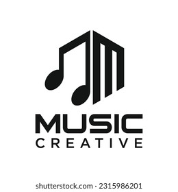 Letra inicial M con logotipo vectorial de nota musical. Logotipo de música premium de monograma mínimo