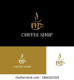 Initial m letter on cup coffee concept logo for coffee shop and store, cafeteria brand template