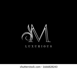 Initial M letter silver luxury beauty flourishes vintage monogram logo perfect for boutique, wedding invitation, restaurant,hotel.