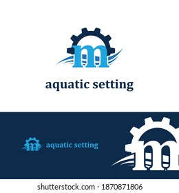 Initial m letter for swimming pools and aquatic venue repairing, setting and service company logo template