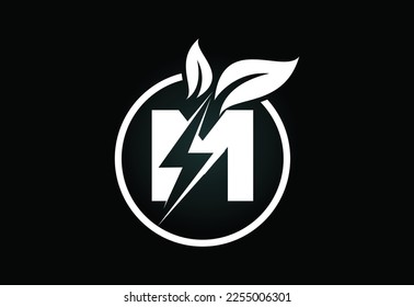Initial M letter thunderbolt leaf circle or eco energy saver icon. Leaf and thunderbolt icon concept for nature power electric logo 