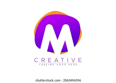 Initial m, letter m vector logo icon with purple and orange geometric shapes in the back