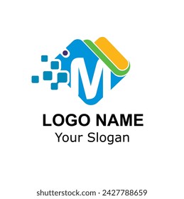 Initial M Letter and Wallet with Digital Pixel for Technology, Digital Payment, Transaction Logo Idea