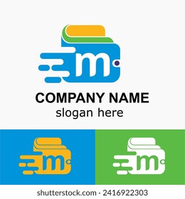 Initial m Letter with Wallet and Speed Acceleration, Online Fast Payment Simple Logo Idea. Digital Wallet Vector Concept. 